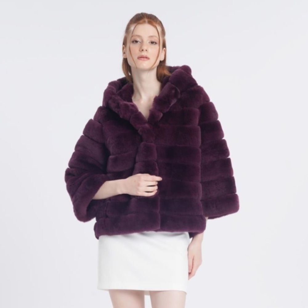 Luxe Velvet Hooded Fur Jacket - Burgundy size Small